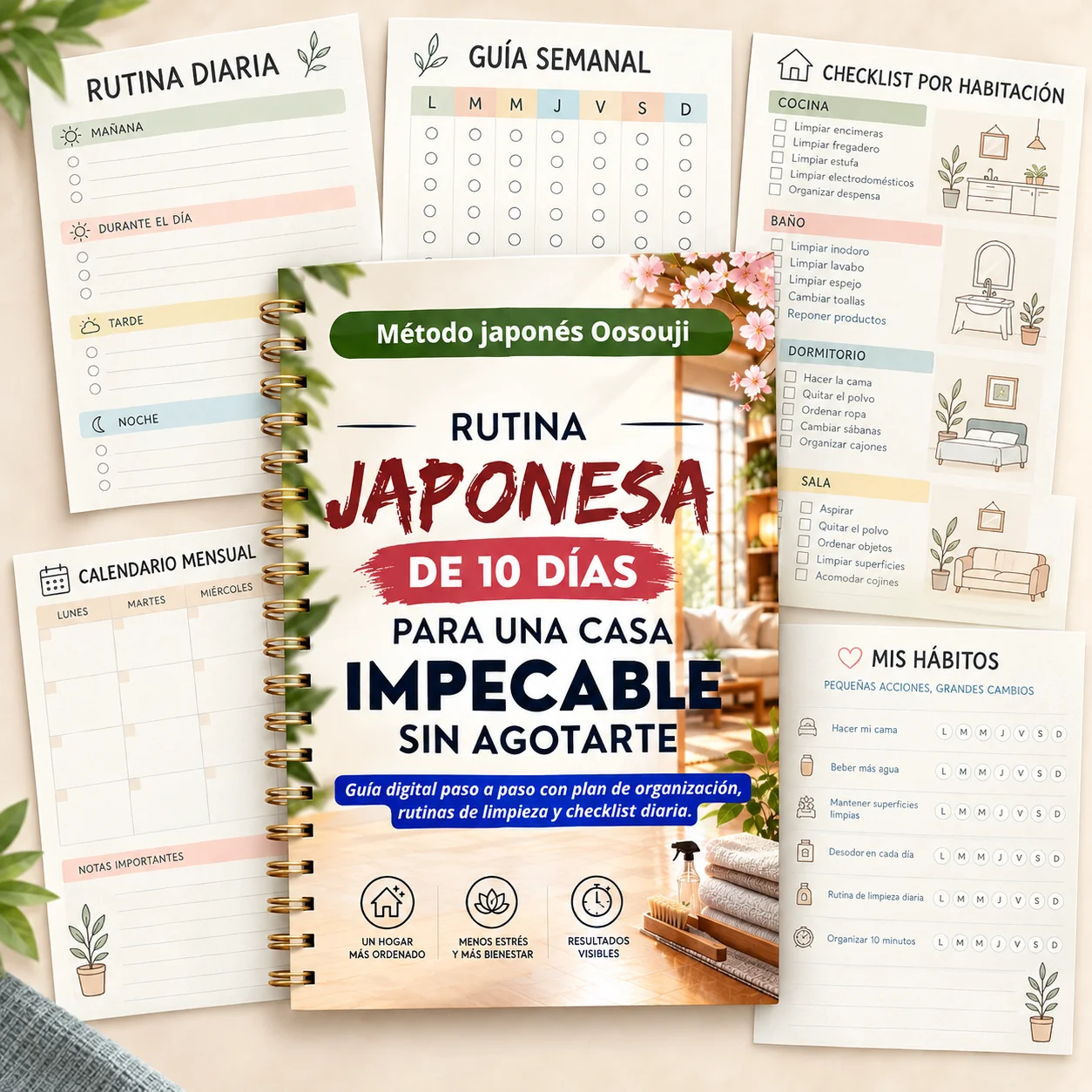 Mockup del material imprimible Oosouji: portada, página interior con checklist por zonas, sistema de tres cajas y página de cierre