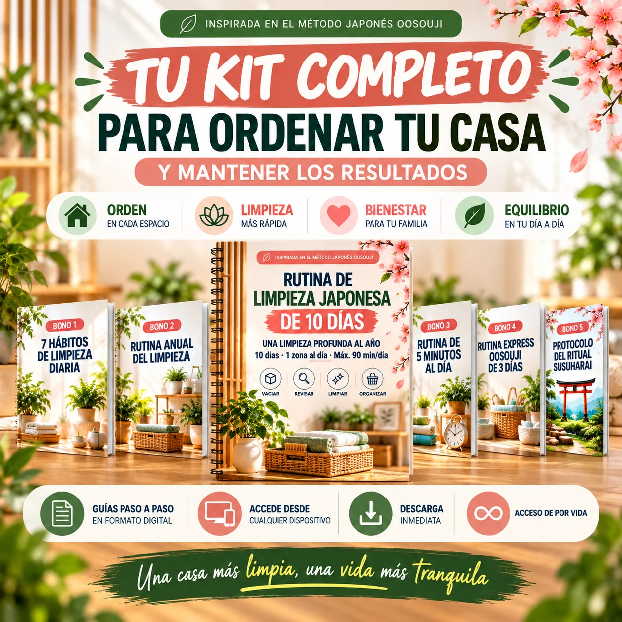 Kit digital completo Oosouji: material principal, checklists, sistema de tres cajas y los cinco bonos listos para imprimir