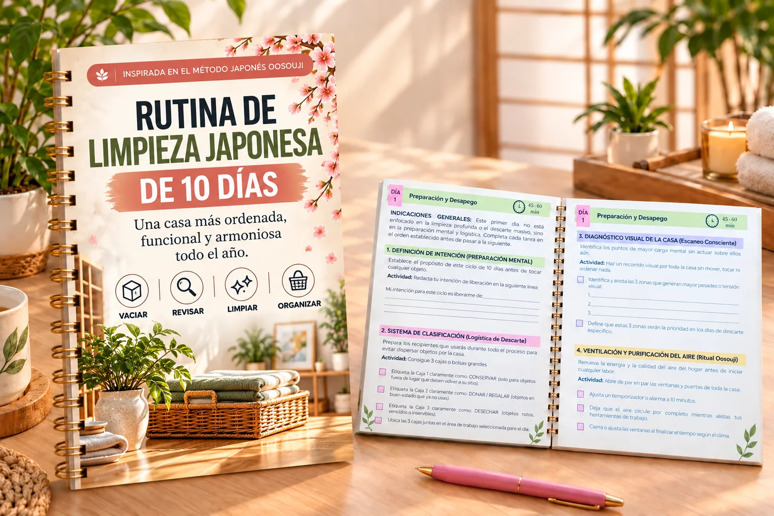 Mockup de la Rutina de limpieza japonesa de 10 días: portada y página interior del Día 1 con tareas y checklists