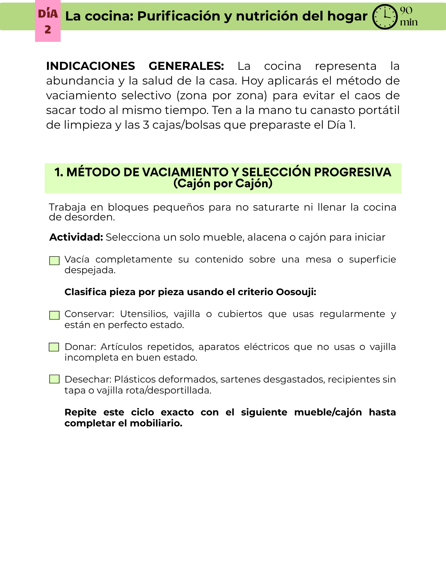 Jornada Día 2, página 1: indicaciones generales y método de vaciamiento y selección progresiva de la cocina