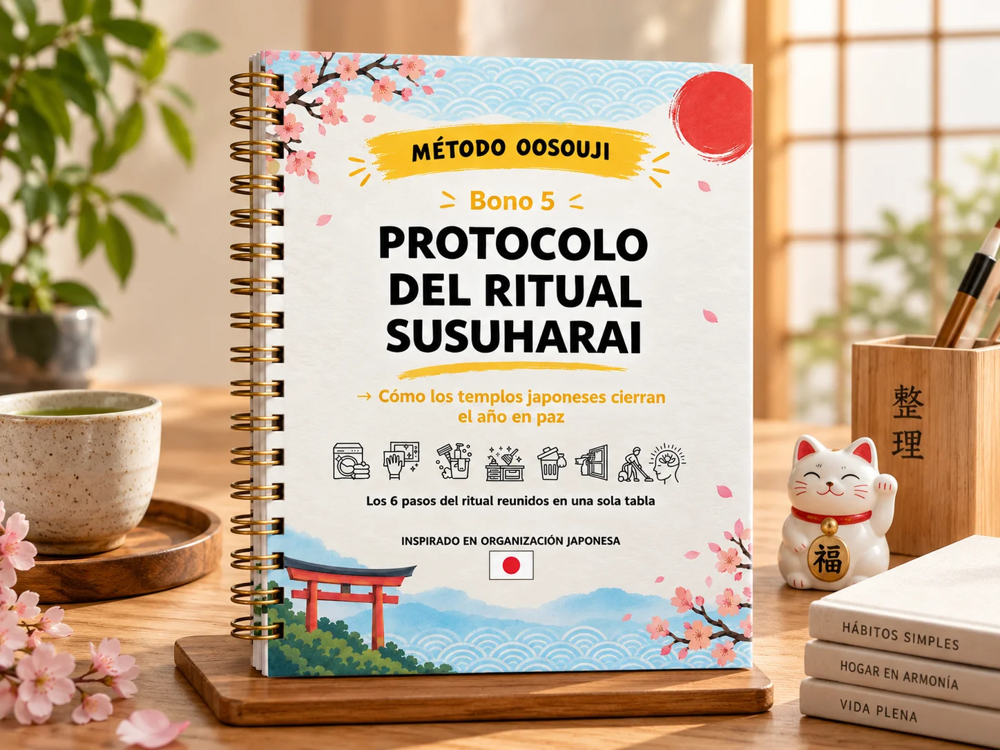 Guía digital del ritual Susuharai con ilustración de templo japonés