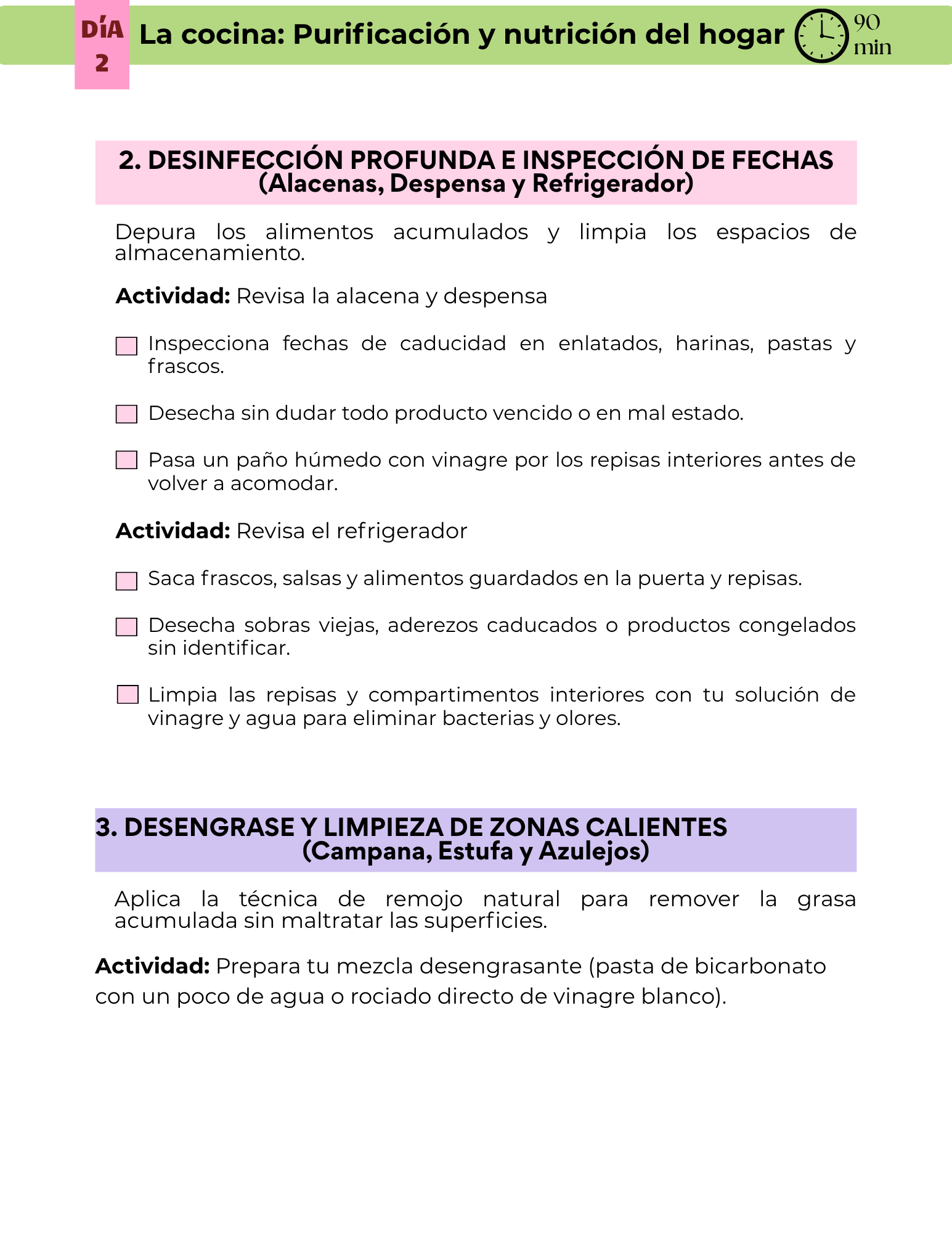 Jornada Día 2, página 2: desinfección profunda de alacenas, despensa y refrigerador, y desengrase de zonas calientes