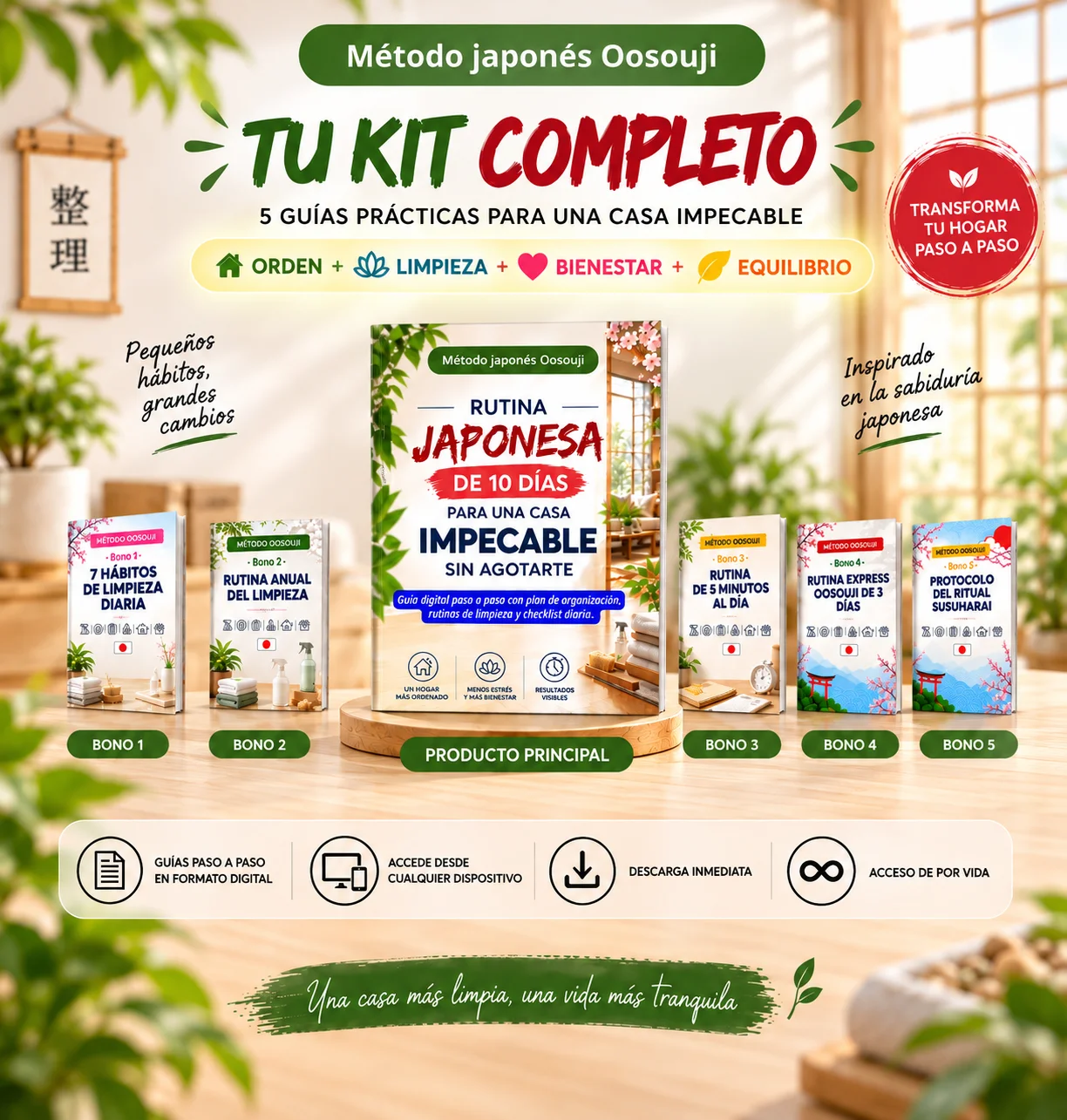 Kit digital completo Oosouji: material principal, checklists, sistema de tres cajas y los cinco bonos listos para imprimir