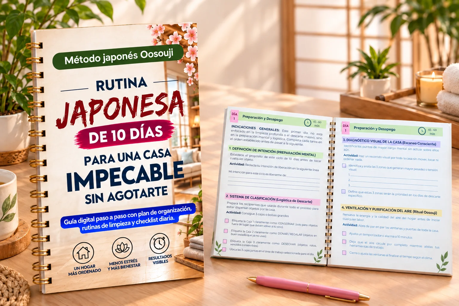 Mockup del material imprimible Oosouji: portada, página interior con checklist por zonas, sistema de tres cajas y página de cierre