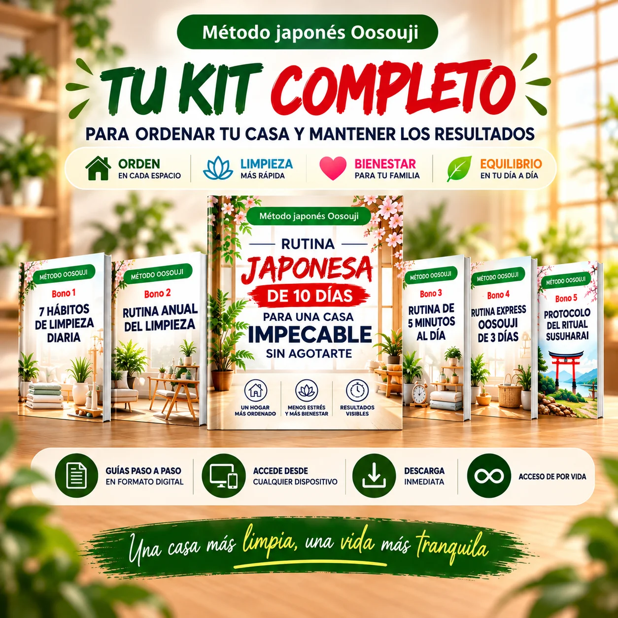 Kit digital completo Oosouji: material principal, checklists, sistema de tres cajas y los cinco bonos listos para imprimir
