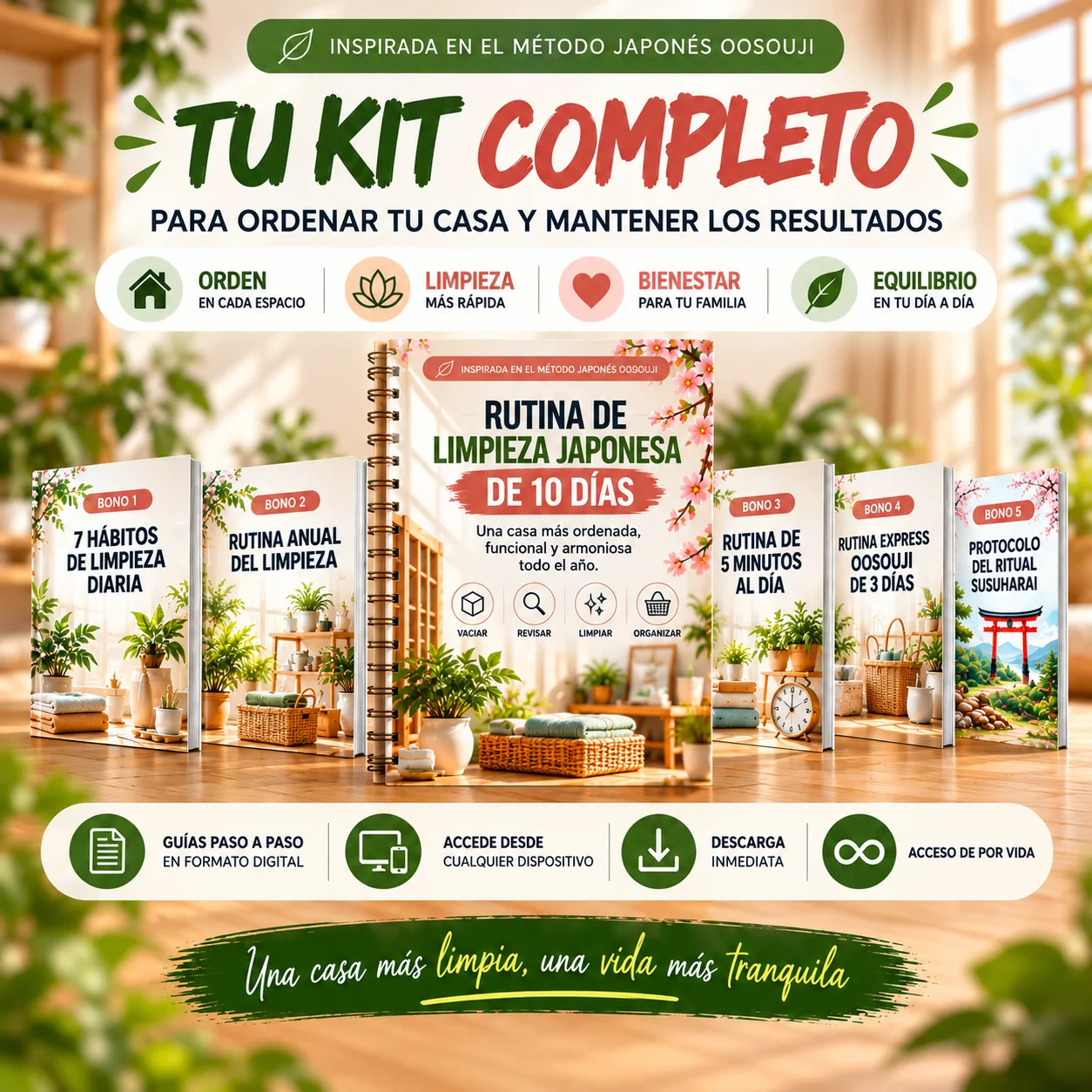 Kit digital completo Oosouji: material principal, checklists, sistema de tres cajas y los cinco bonos listos para imprimir