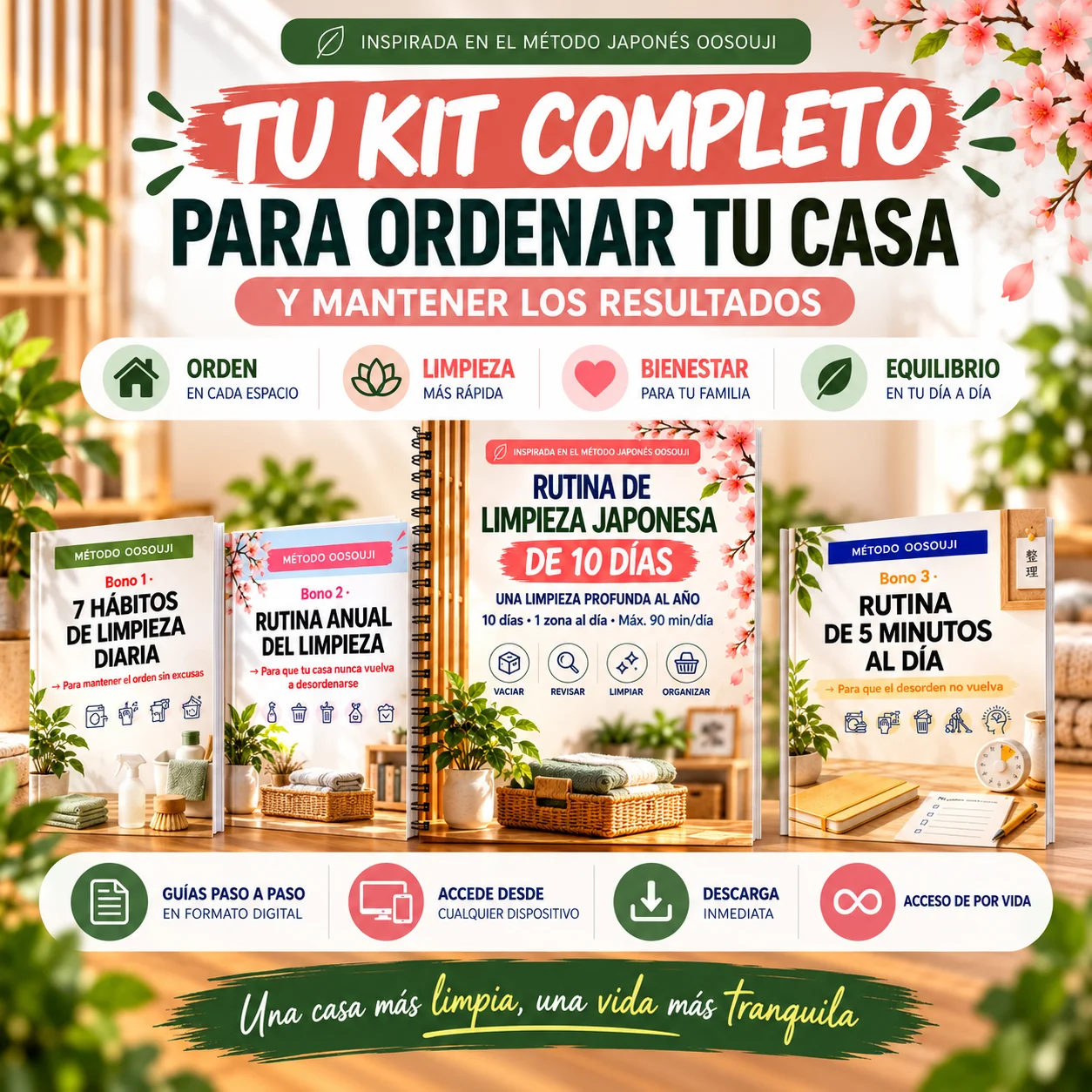Kit digital completo Oosouji: material principal, checklists, sistema de tres cajas y los tres bonos listos para imprimir